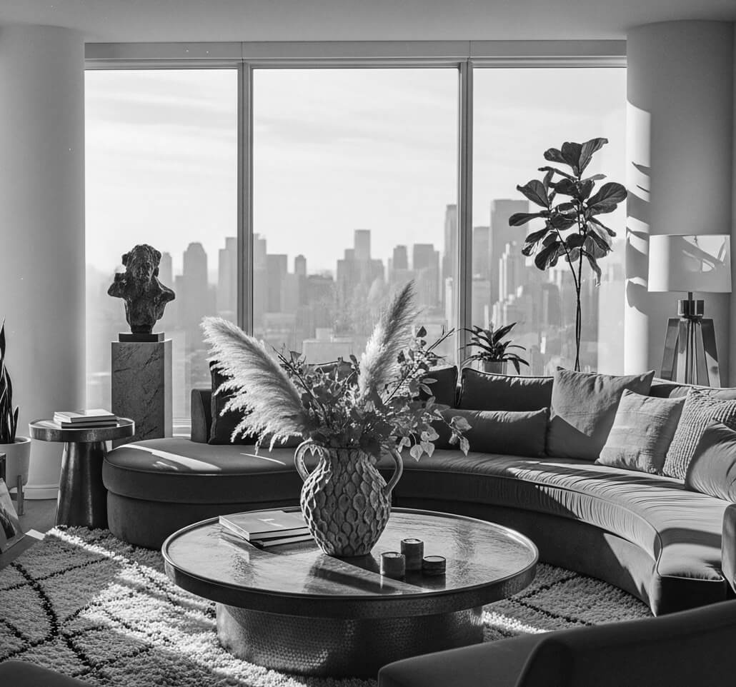 A-stylish-living-room-with-a-modern-design,-featuring-a-curved-sofa,-decorative-plants,-and-a-large-window-showcasing-a-city-skyline